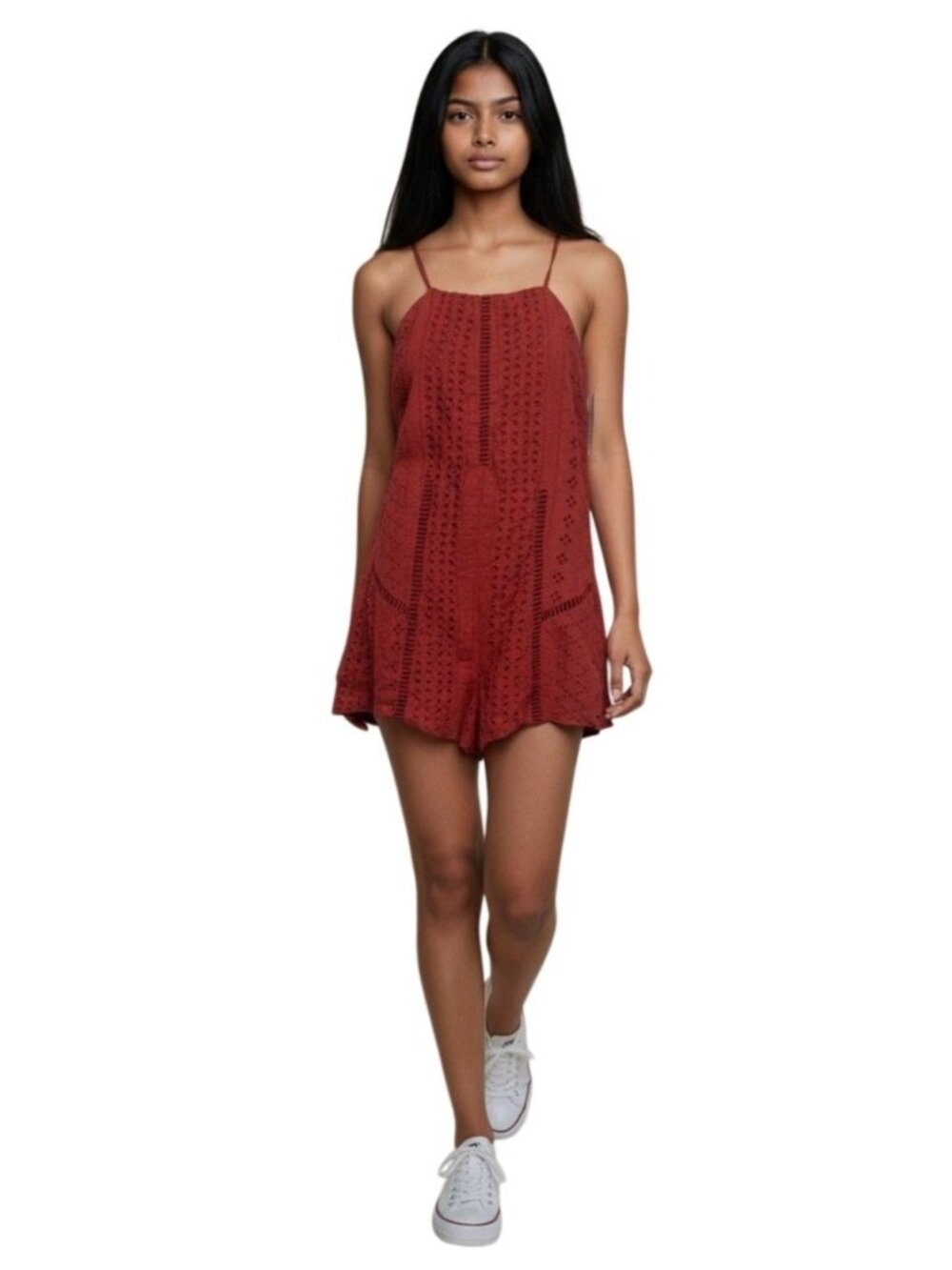Lush Women’s Eyelet Trim Romper, Brick Red, Sz. S- no belt tie